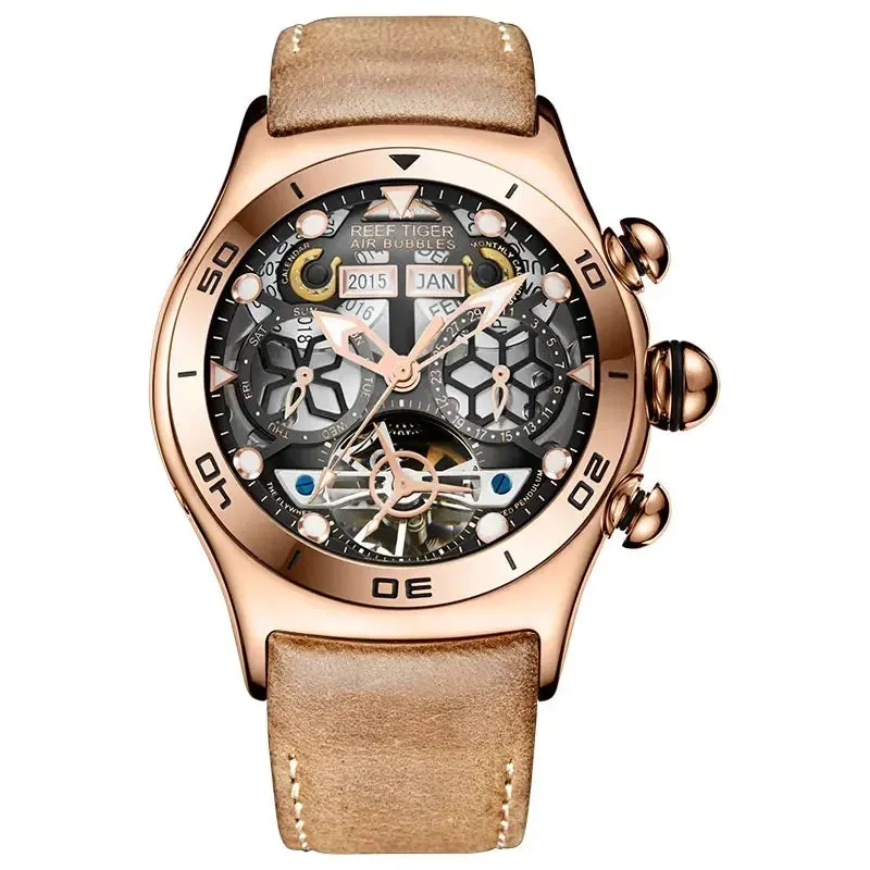 Reef Tiger Men's Skeleton Automatic Mechanical Wristwatch 50m Waterproof Tourbillon Calendar Week Display Leather Luxury Watch