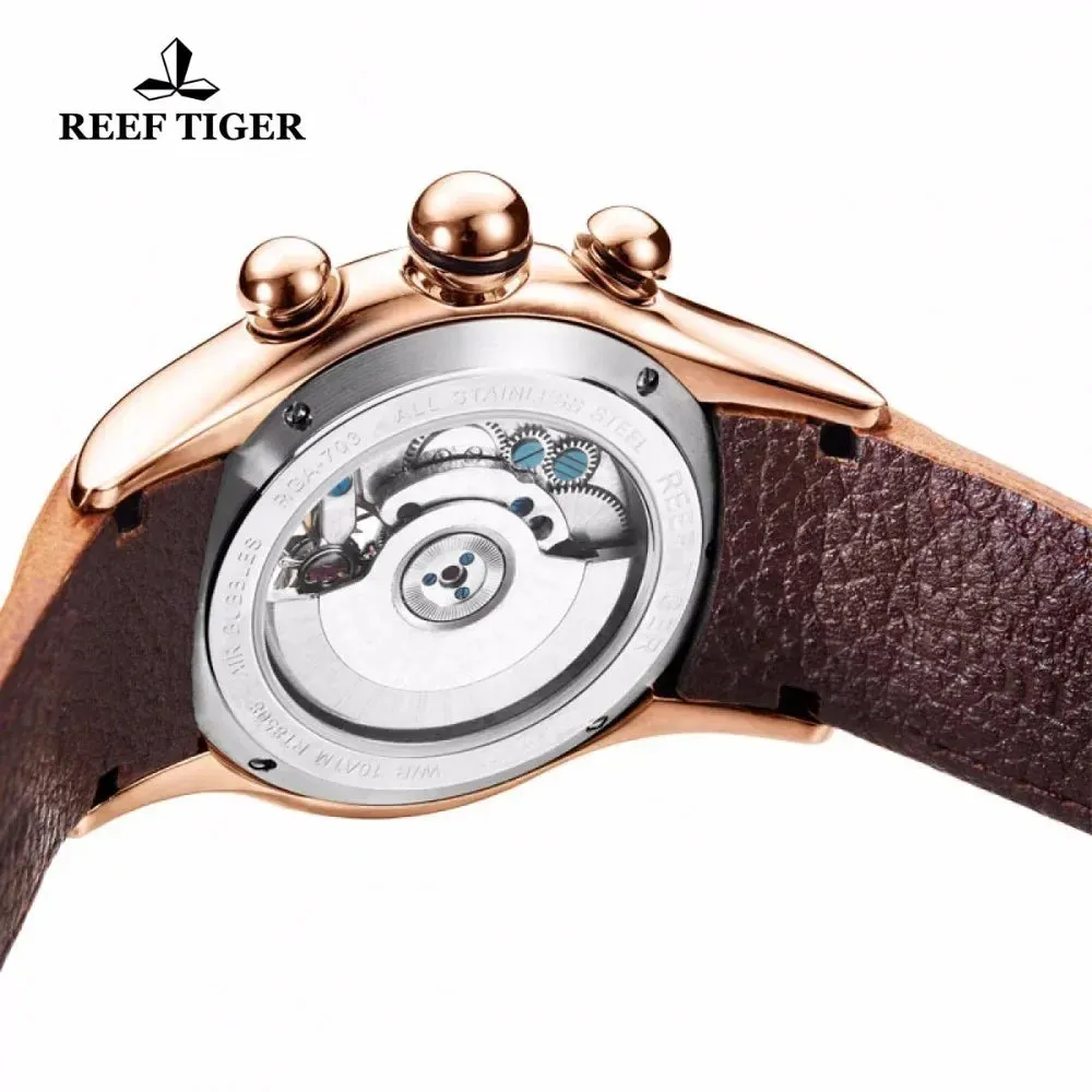 Reef Tiger Men's Skeleton Automatic Mechanical Wristwatch 50m Waterproof Tourbillon Calendar Week Display Leather Luxury Watch