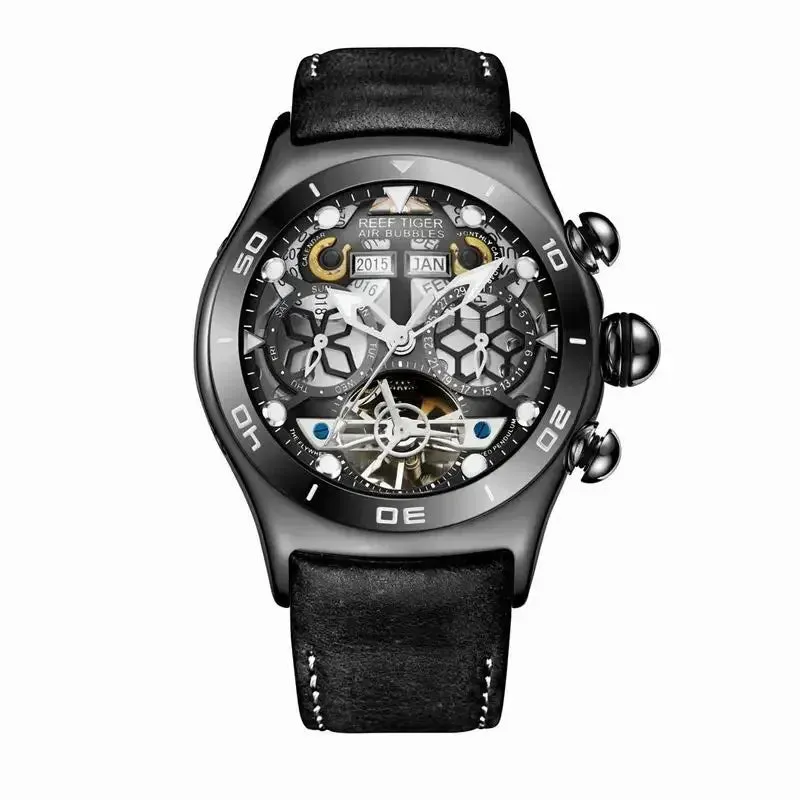 Reef Tiger Men's Skeleton Automatic Mechanical Wristwatch 50m Waterproof Tourbillon Calendar Week Display Leather Luxury Watch