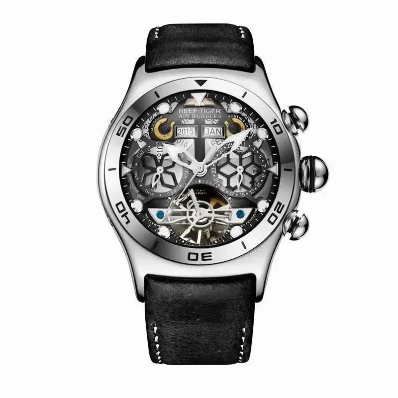 Reef Tiger Men's Skeleton Automatic Mechanical Wristwatch 50m Waterproof Tourbillon Calendar Week Display Leather Luxury Watch