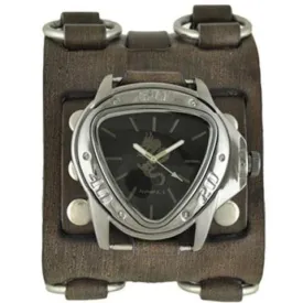 Silver Dragon Gunmetal Black Watch with Double Ring Distressed Brown Leather Triple Strap Cuff