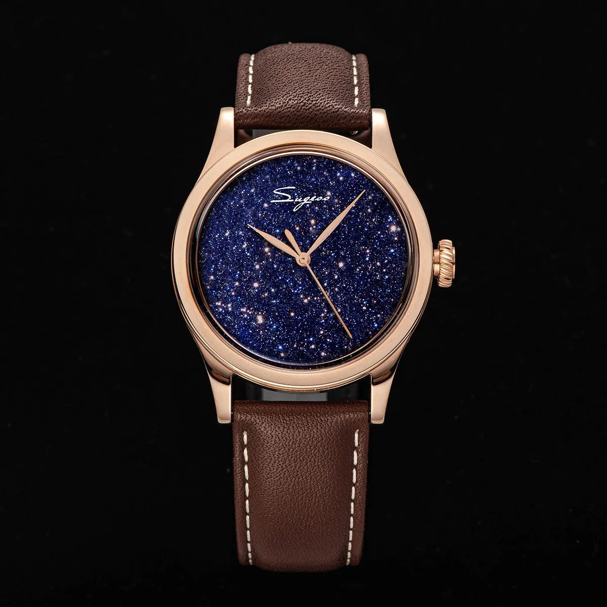 Sugess Blue Sandstone Gold Color Case Mechanical Watch with ST2130 Seagull Movement