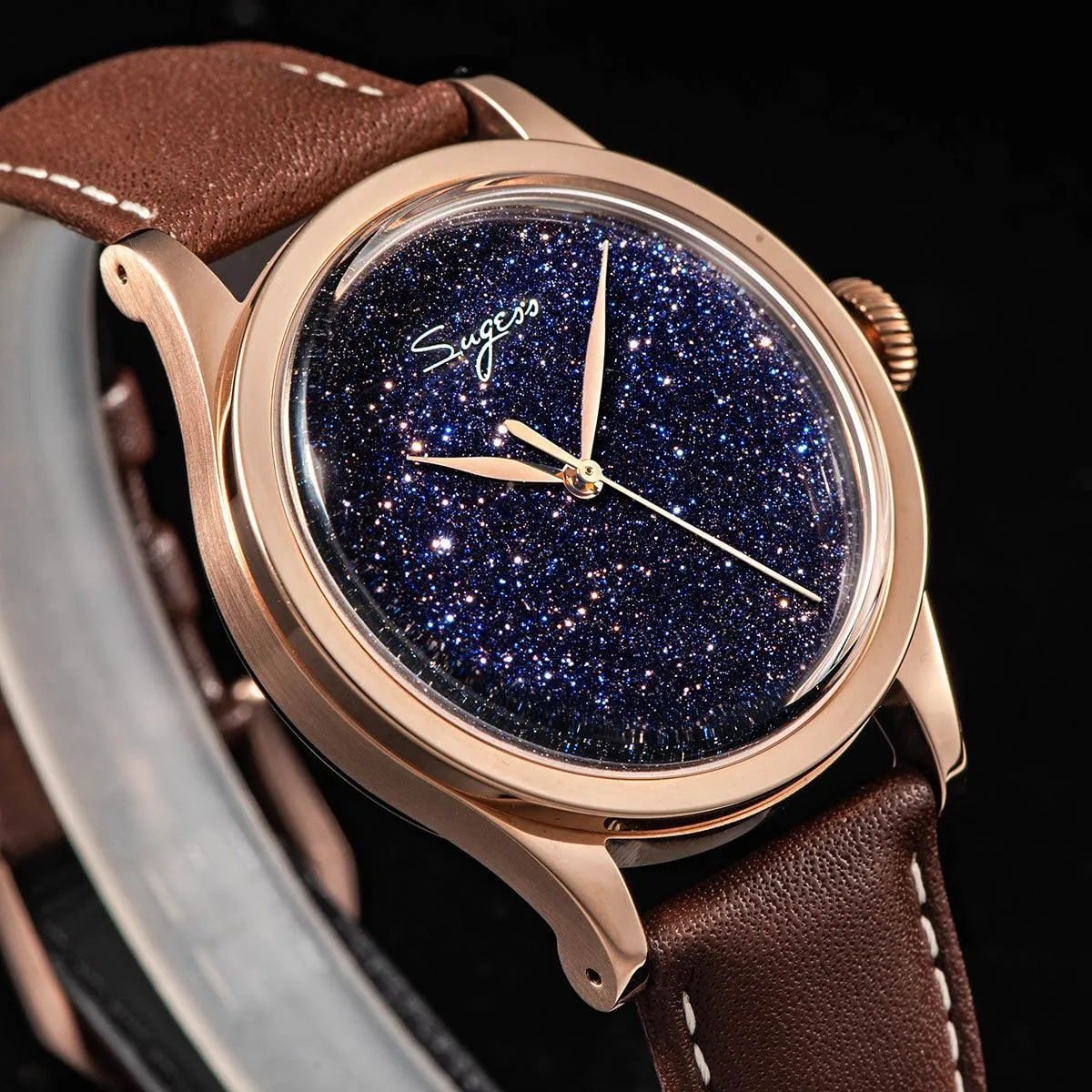 Sugess Blue Sandstone Gold Color Case Mechanical Watch with ST2130 Seagull Movement