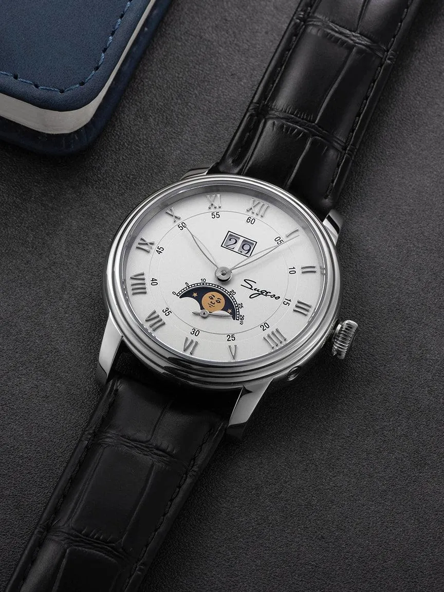 Sugess mechanical men's watch Seagull ST2528 automatic movement smiley face moon phase waterproof personalized customized automatic watch