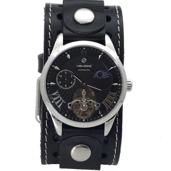 Tourbillon Day/Night Black and Silver Hand Watch with Stitched Black Leather Cuff