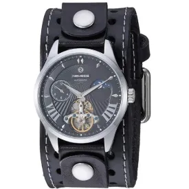 Tourbillon Day/Night Black and Silver Hand Watch with Stitched Black Leather Cuff