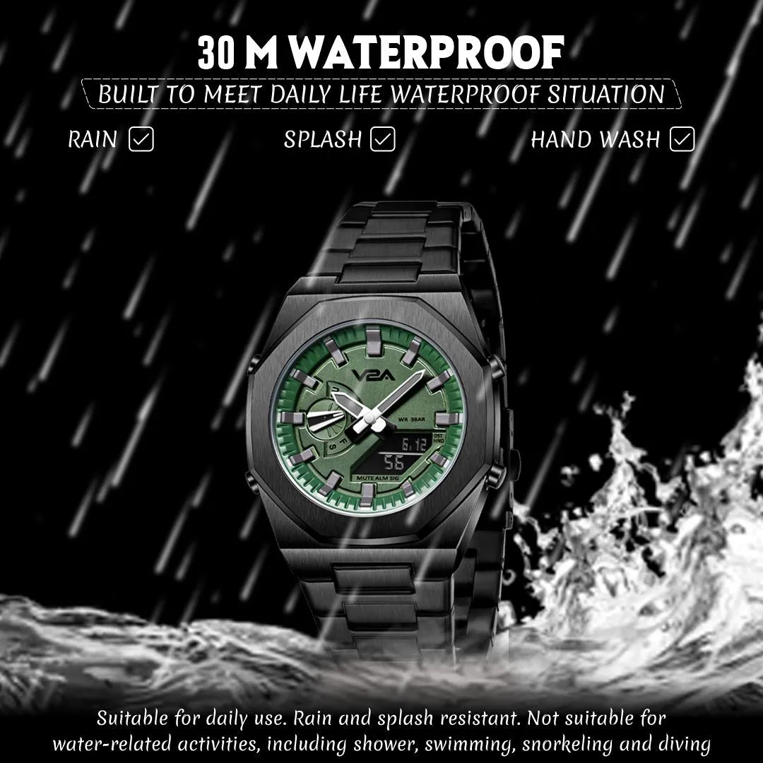 V2A Allure Multifunctional Analogue-Digital Watch for Men, Alloy Case, Stainless Steel Band, 30M Water Resistant, 5 Alarms, World Time, Countdown, Stopwatch Men Watch | Birthday Gift for Men