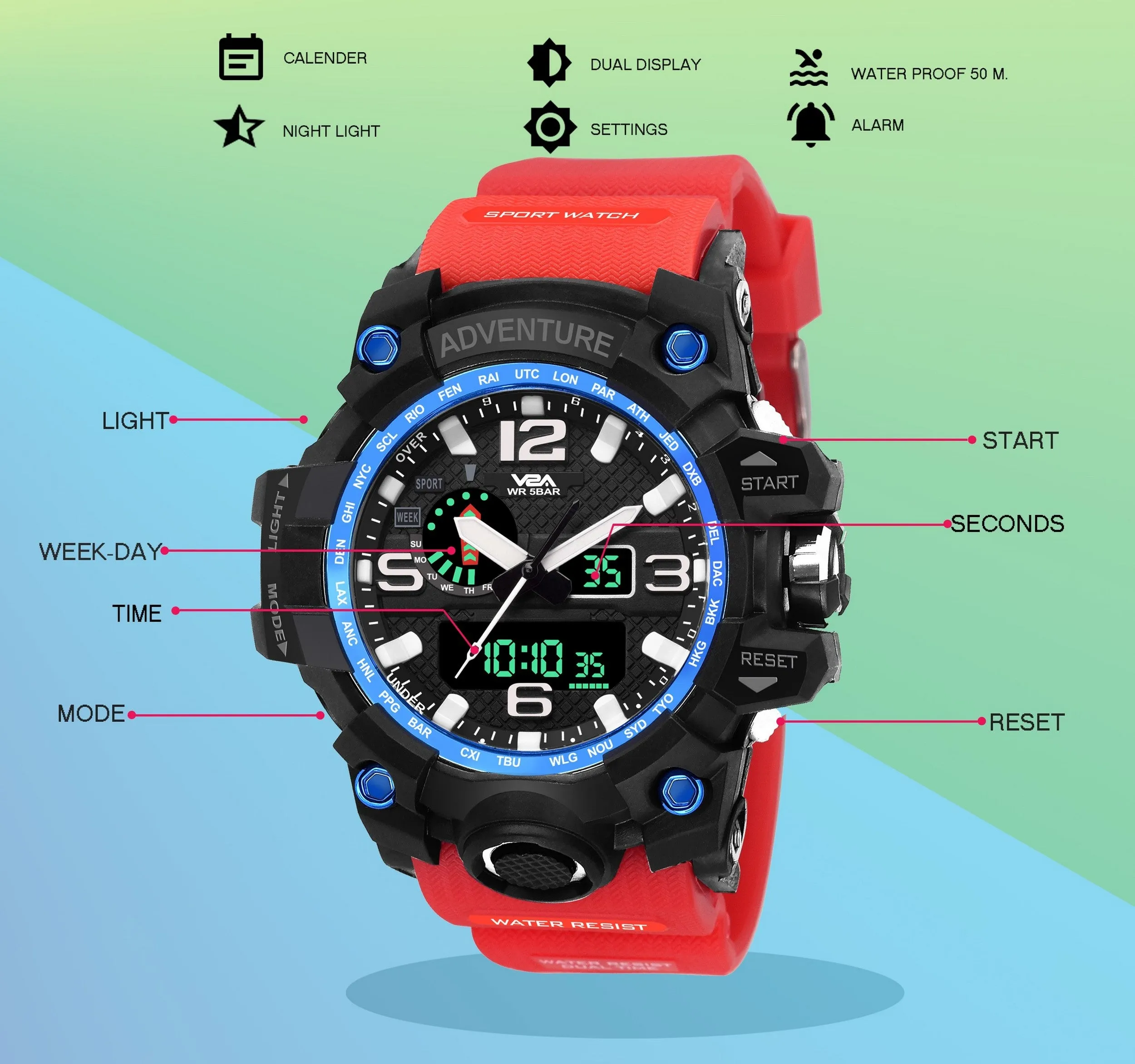 V2A Army Black Chronograph Shockproof Waterproof Analog-Digital Date Display Sports Watch for Men