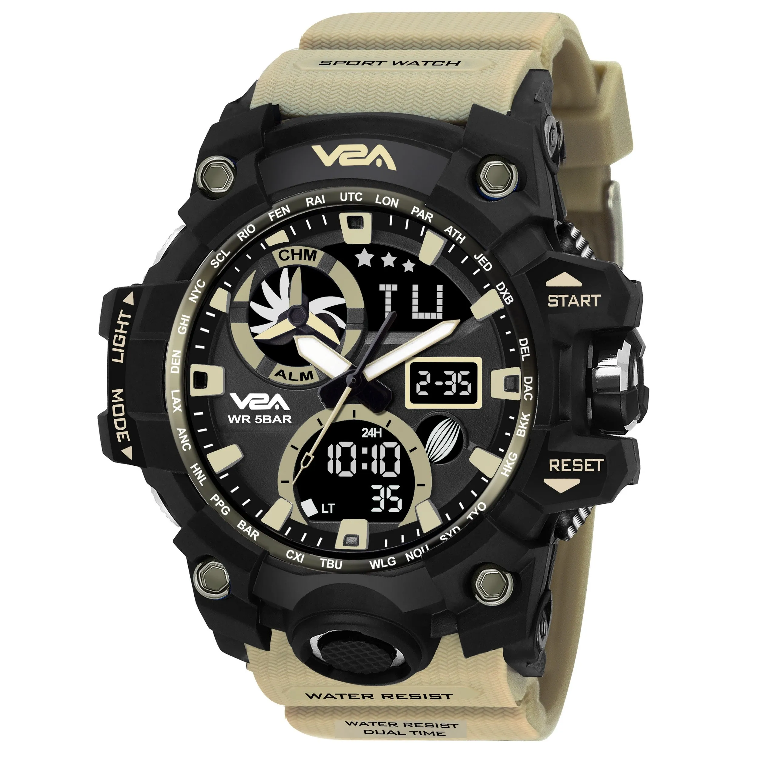 V2A Army Black Chronograph Shockproof Waterproof Analog-Digital Date Display Sports Watch for Men