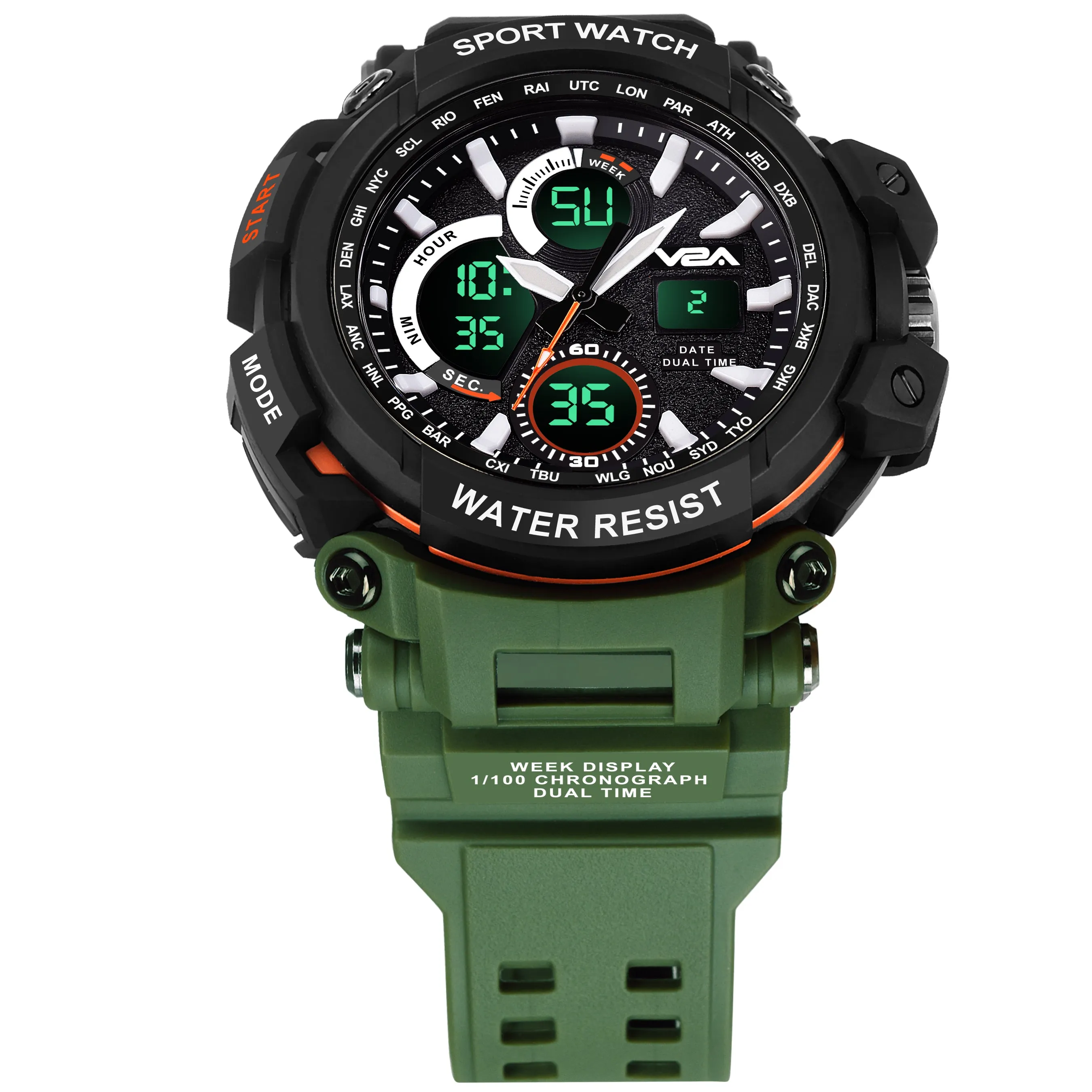 V2A Big Dial Black Outdoor Sport Shockproof Led Analogue And Digital Waterproof Chronograph Watch For Men