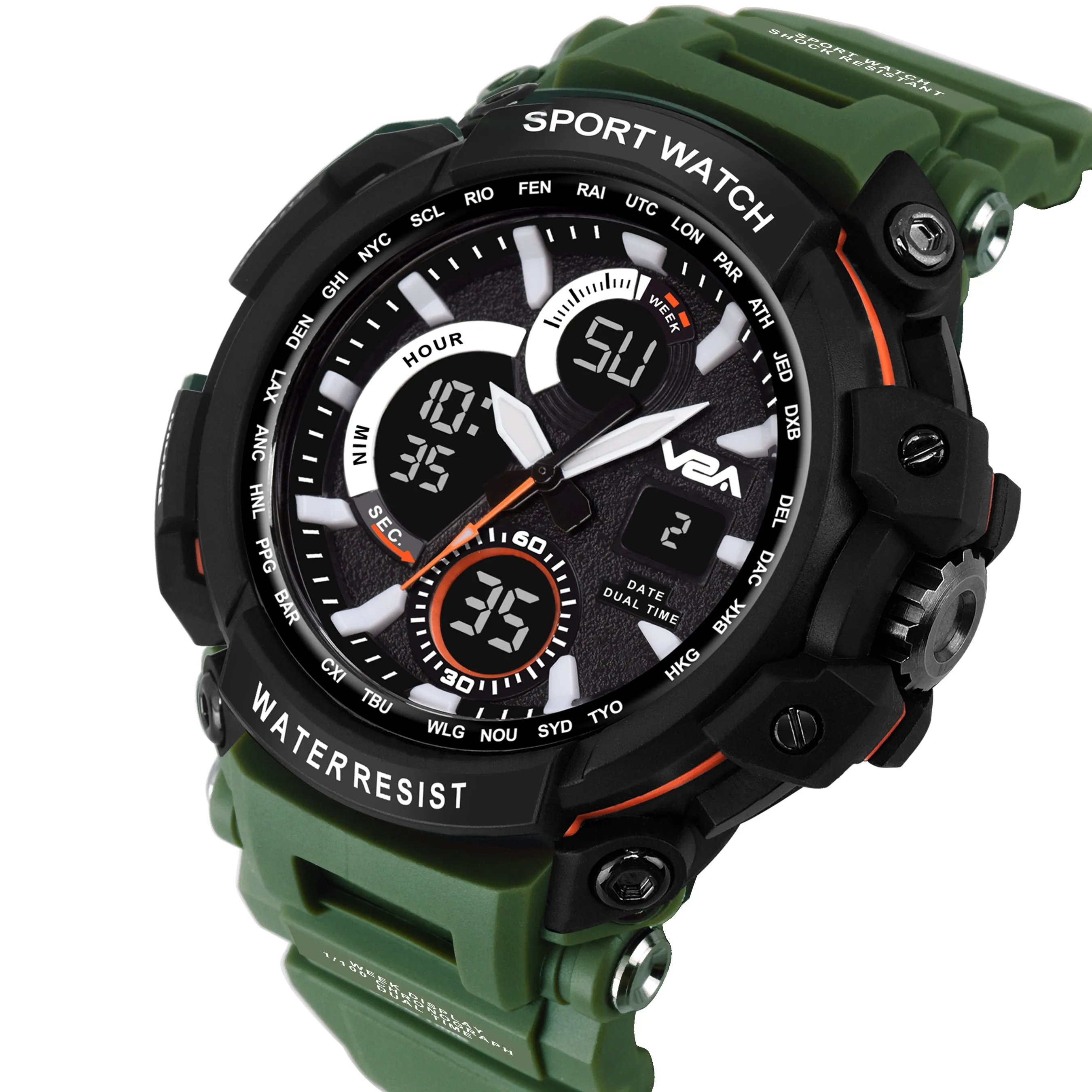 V2A Big Dial Black Outdoor Sport Shockproof Led Analogue And Digital Waterproof Chronograph Watch For Men