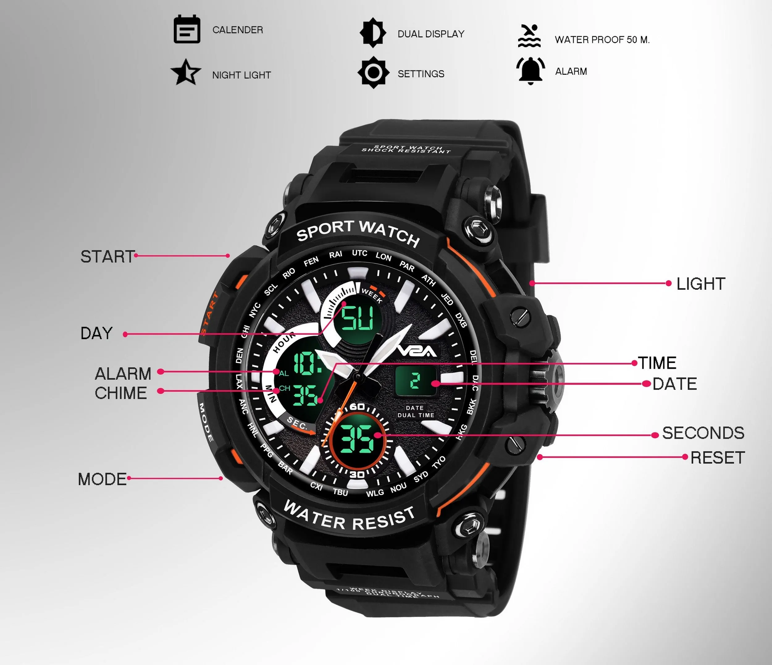 V2A Big Dial Black Outdoor Sport Shockproof Led Analogue And Digital Waterproof Chronograph Watch For Men