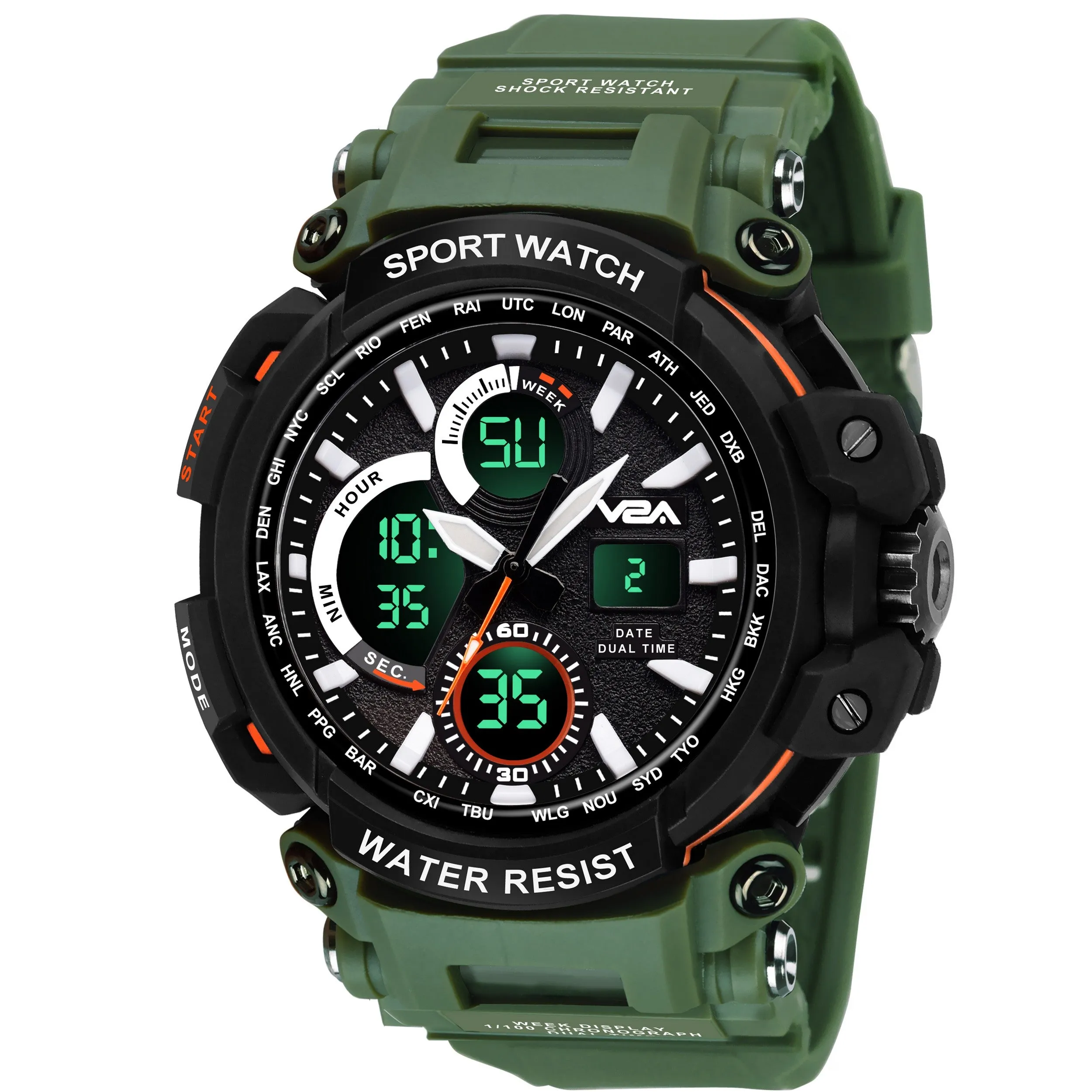 V2A Big Dial Black Outdoor Sport Shockproof Led Analogue And Digital Waterproof Chronograph Watch For Men