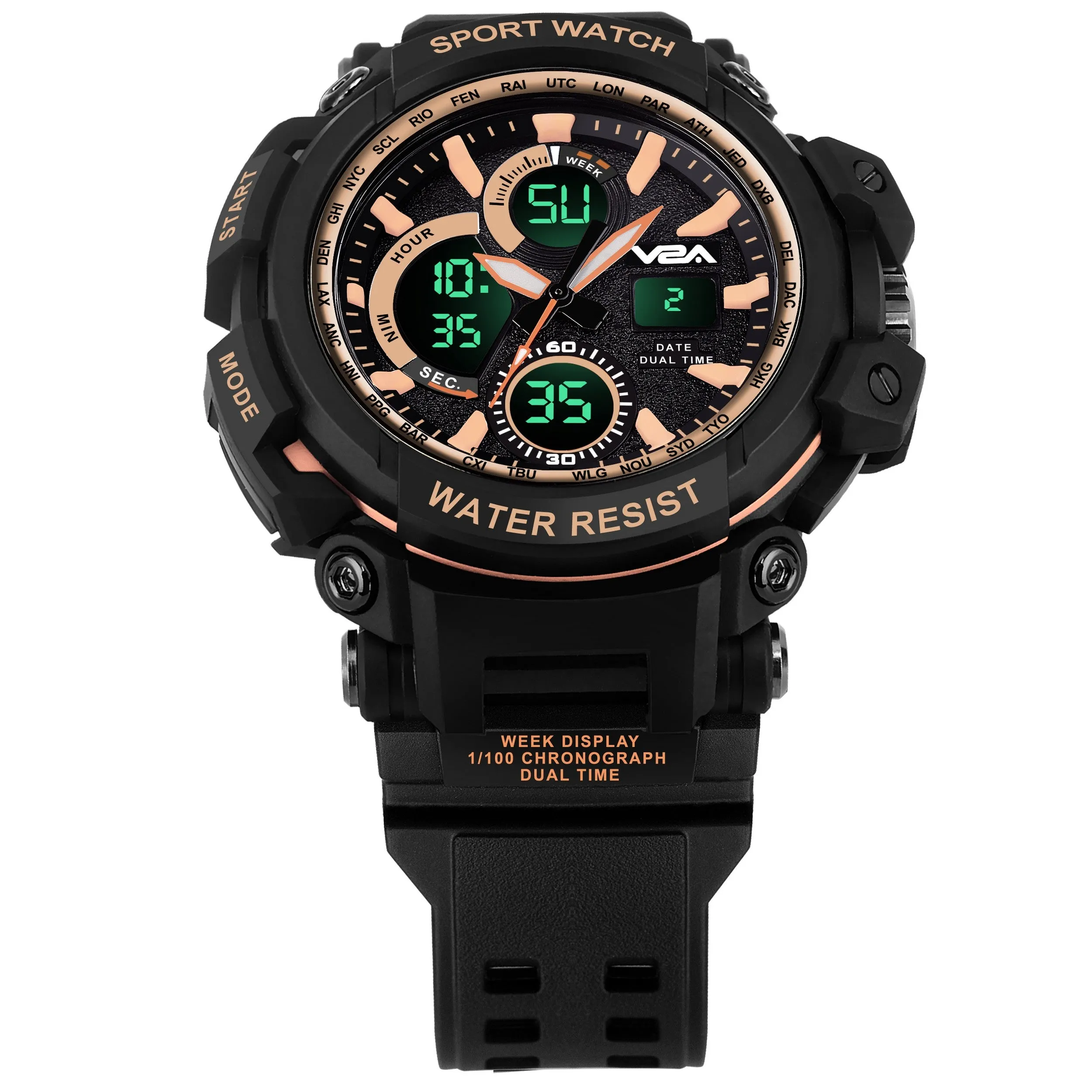 V2A Big Dial Black Outdoor Sport Shockproof Led Analogue And Digital Waterproof Chronograph Watch For Men