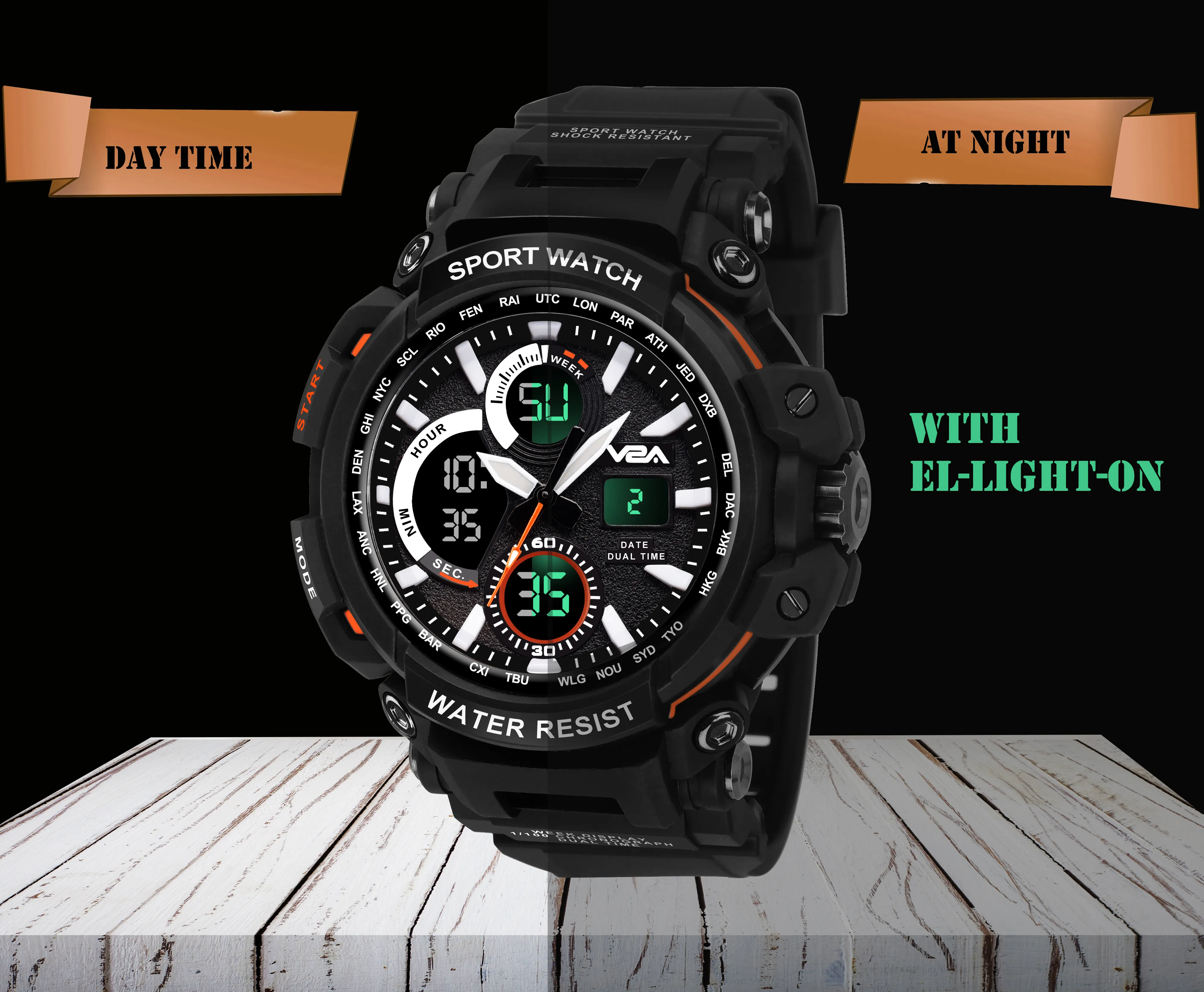 V2A Big Dial Black Outdoor Sport Shockproof Led Analogue And Digital Waterproof Chronograph Watch For Men