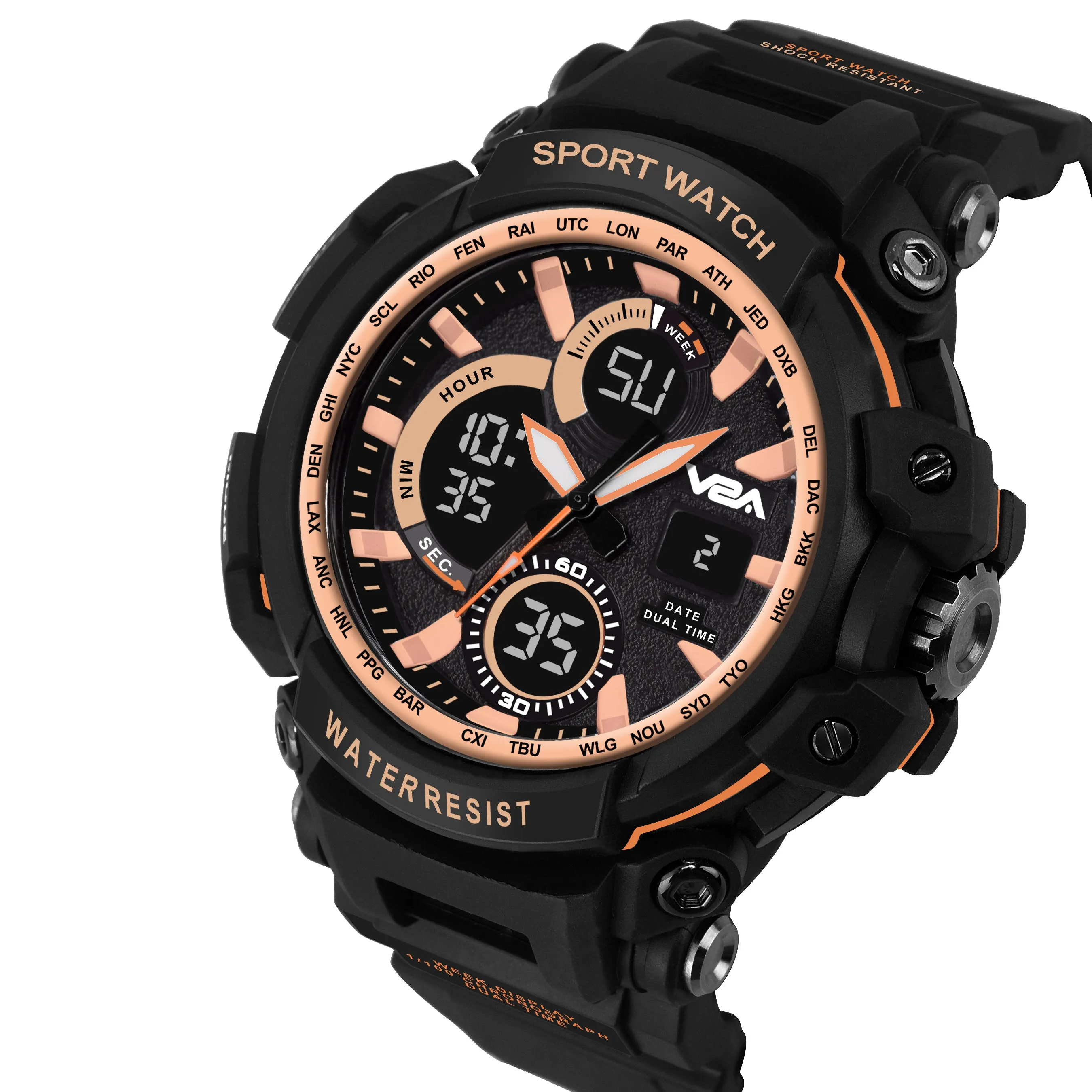 V2A Big Dial Black Outdoor Sport Shockproof Led Analogue And Digital Waterproof Chronograph Watch For Men