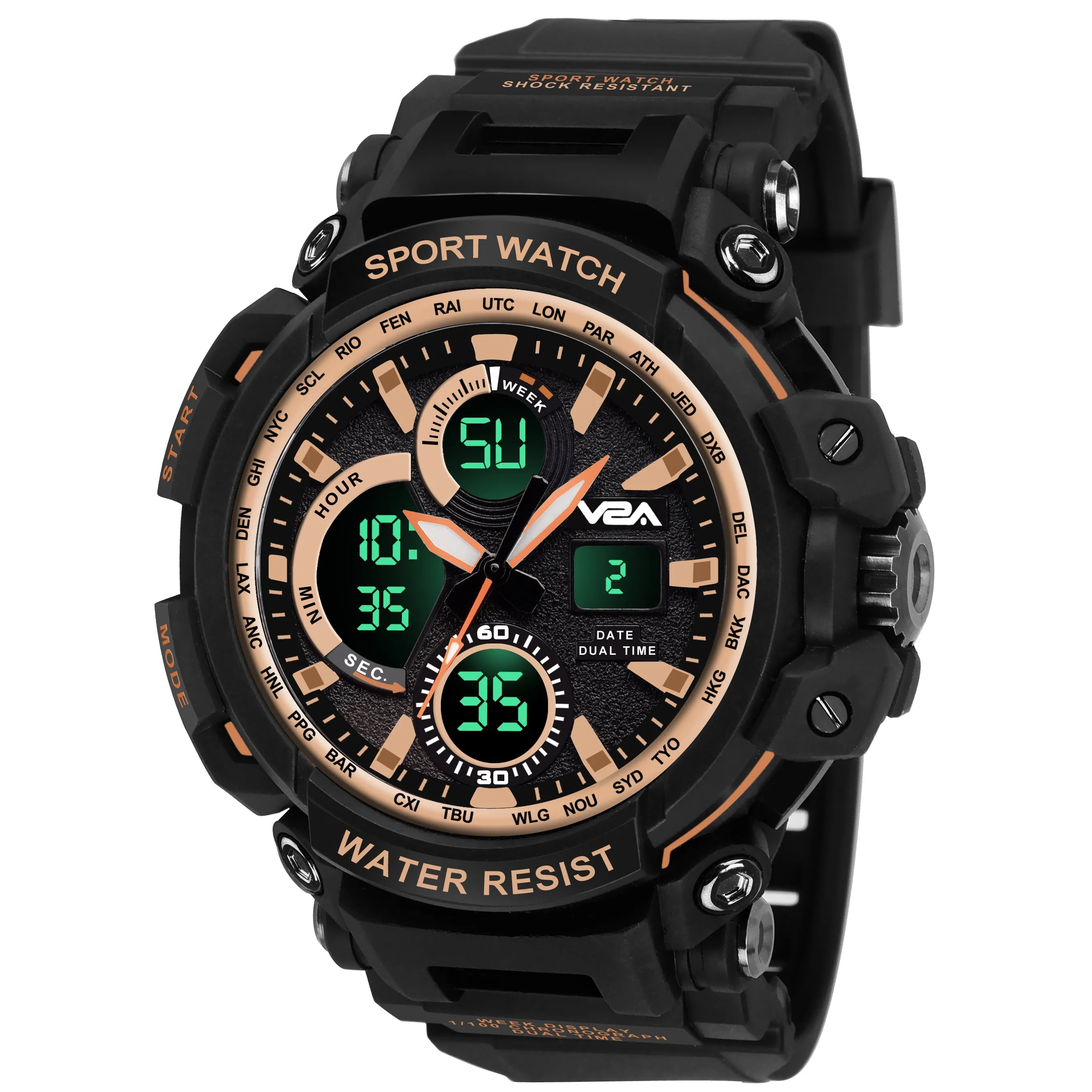 V2A Big Dial Black Outdoor Sport Shockproof Led Analogue And Digital Waterproof Chronograph Watch For Men