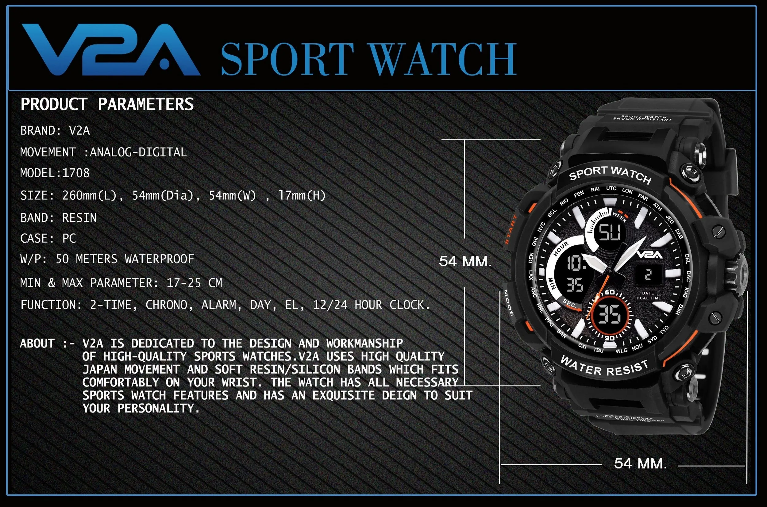 V2A Big Dial Black Outdoor Sport Shockproof Led Analogue And Digital Waterproof Chronograph Watch For Men