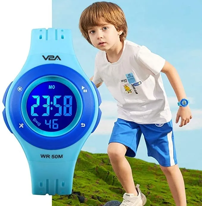 V2A Digital 5ATM Waterproof Kids Sports Watch with 7 Color Backlight Alarm Stopwatch for Boys and Girls (White Dial and Blue Colored Strap)