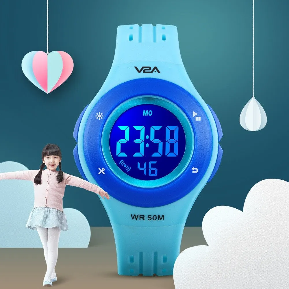 V2A Digital 5ATM Waterproof Kids Sports Watch with 7 Color Backlight Alarm Stopwatch for Boys and Girls (White Dial and Blue Colored Strap)