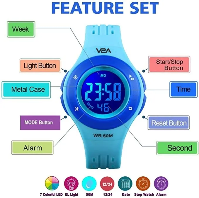 V2A Digital 5ATM Waterproof Kids Sports Watch with 7 Color Backlight Alarm Stopwatch for Boys and Girls (White Dial and Blue Colored Strap)