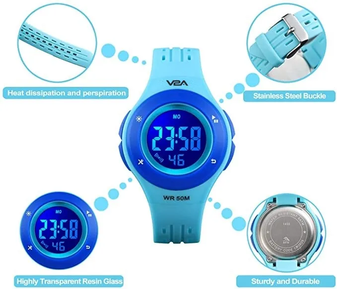 V2A Digital 5ATM Waterproof Kids Sports Watch with 7 Color Backlight Alarm Stopwatch for Boys and Girls (White Dial and Blue Colored Strap)