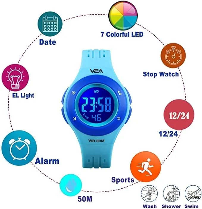 V2A Digital 5ATM Waterproof Kids Sports Watch with 7 Color Backlight Alarm Stopwatch for Boys and Girls (White Dial and Blue Colored Strap)