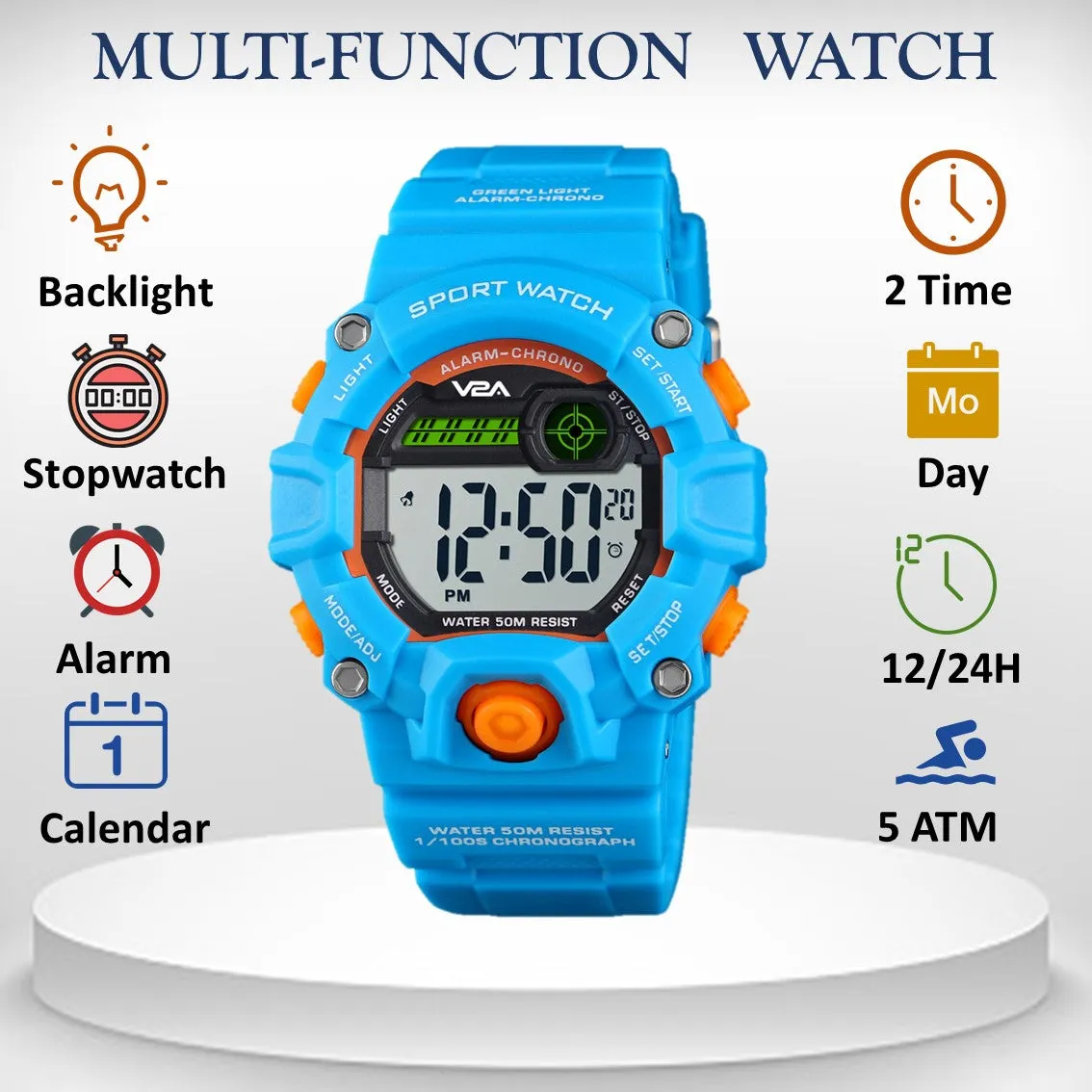 V2A Digital 5ATM Waterproof Kids Sports Watch with Backlight Alarm Stopwatch for Boys and Girls (White Dial with Blue Colored Strap)