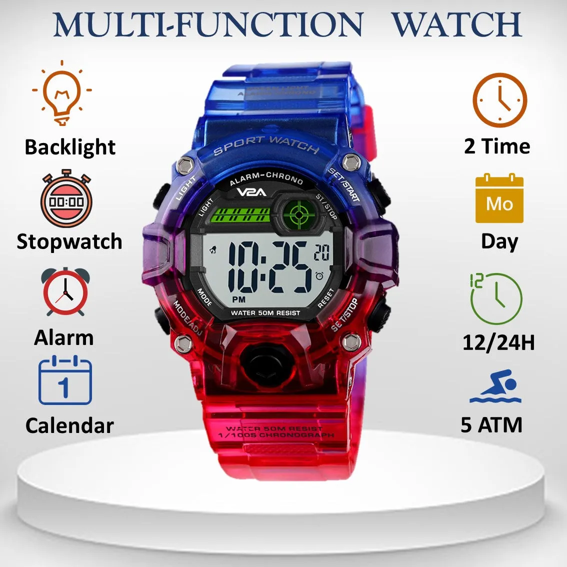 V2A Digital 5ATM Waterproof Kids Sports Watch with Backlight Alarm Stopwatch for Boys and Girls (White Dial with Blue Colored Strap)