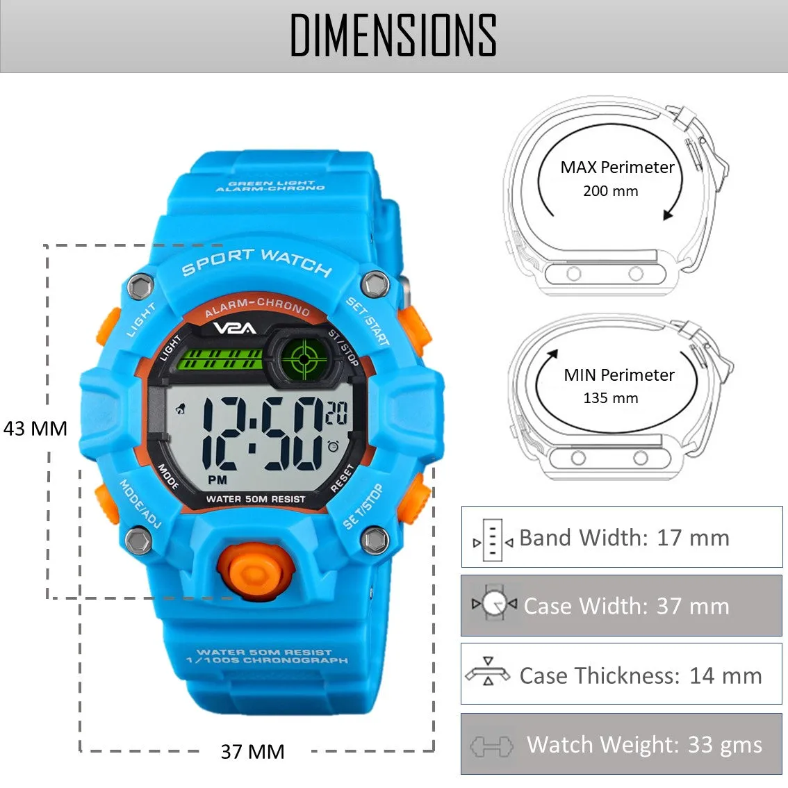 V2A Digital 5ATM Waterproof Kids Sports Watch with Backlight Alarm Stopwatch for Boys and Girls (White Dial with Blue Colored Strap)