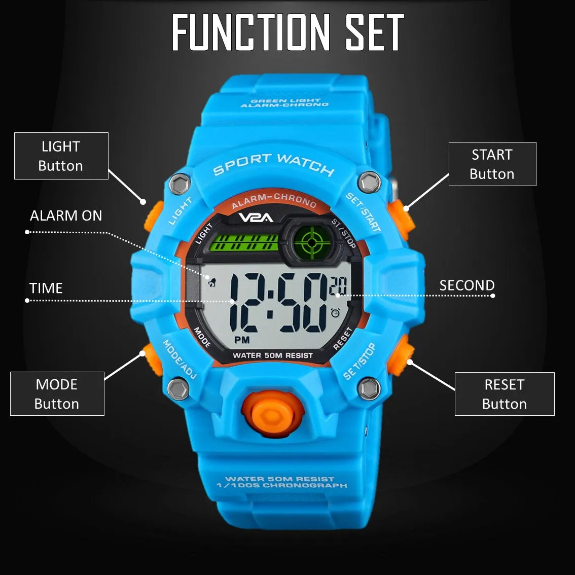 V2A Digital 5ATM Waterproof Kids Sports Watch with Backlight Alarm Stopwatch for Boys and Girls (White Dial with Blue Colored Strap)