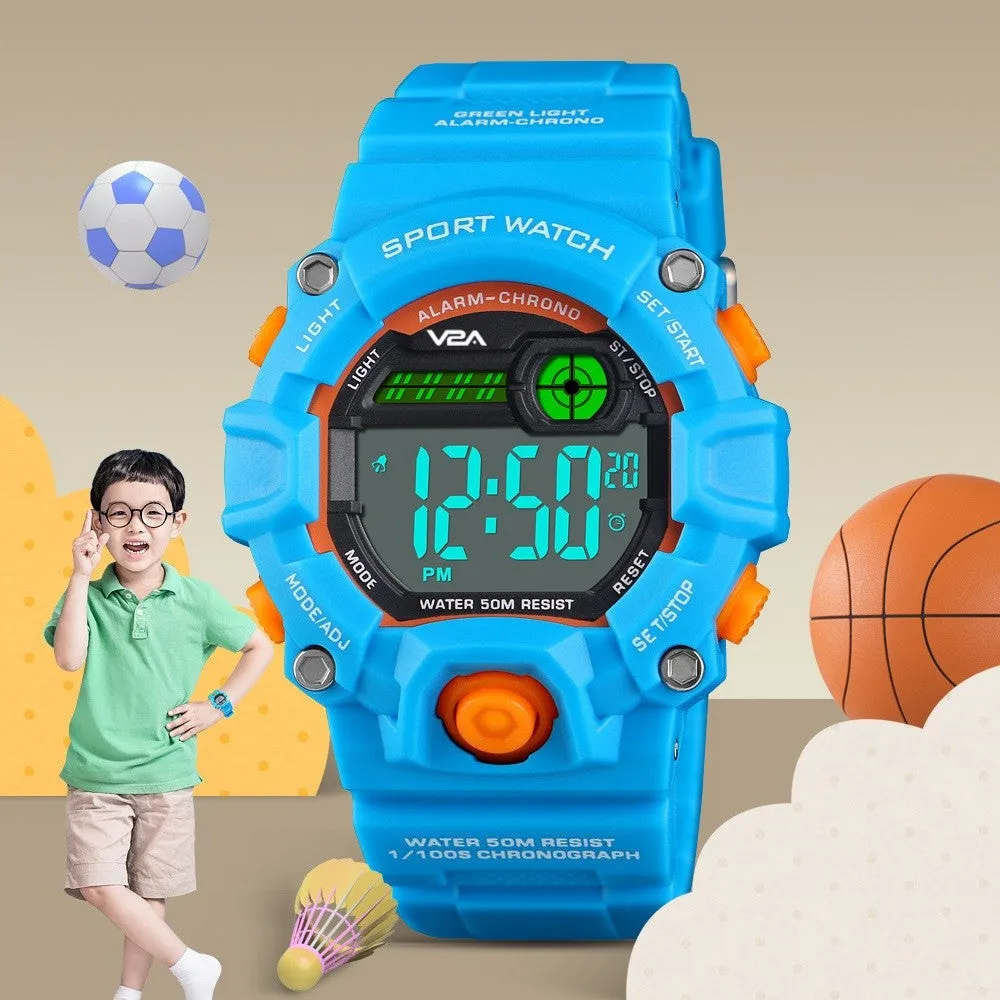 V2A Digital 5ATM Waterproof Kids Sports Watch with Backlight Alarm Stopwatch for Boys and Girls (White Dial with Blue Colored Strap)