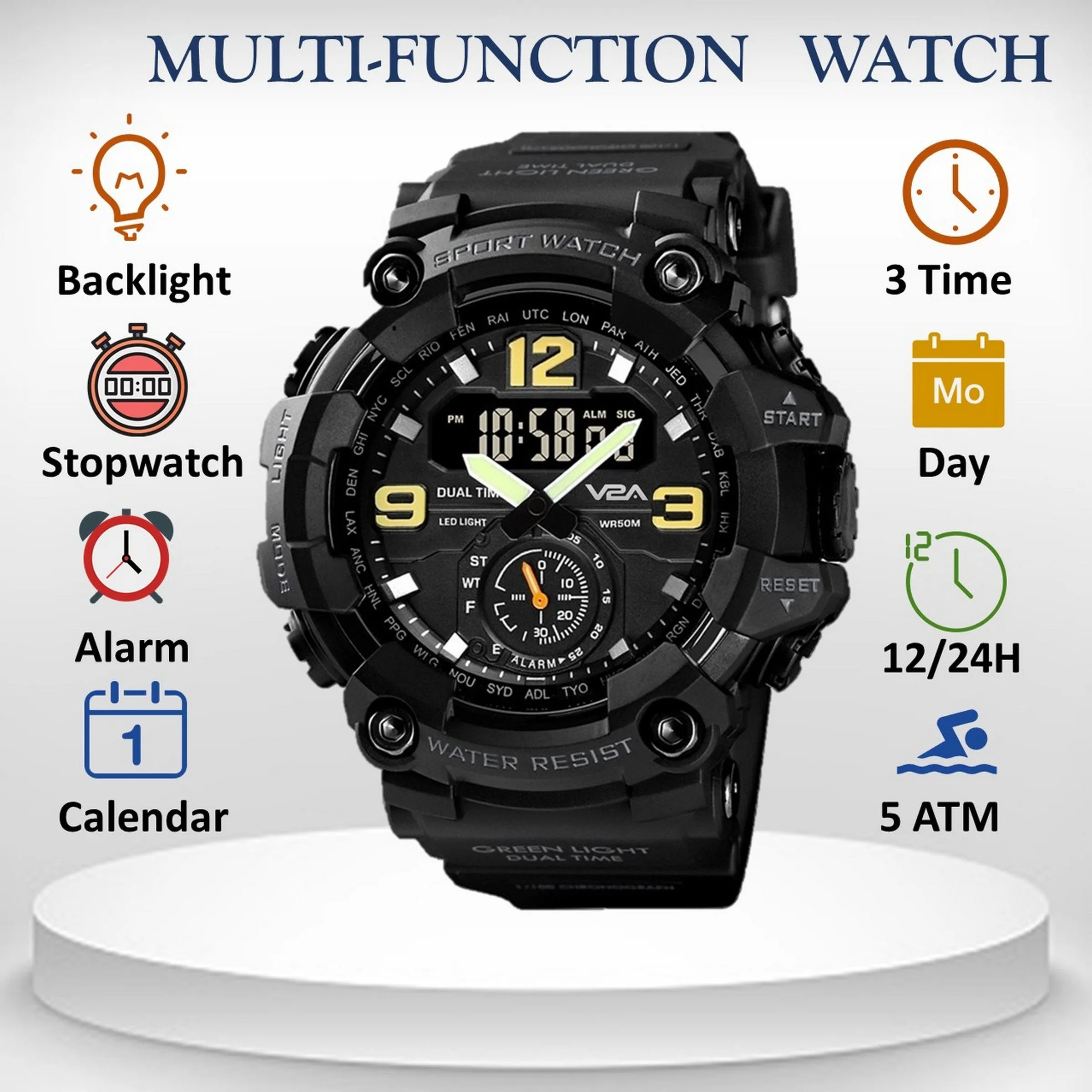 V2A Fighter Midnight Black Analog Digital Sport Watches for Men and Boys