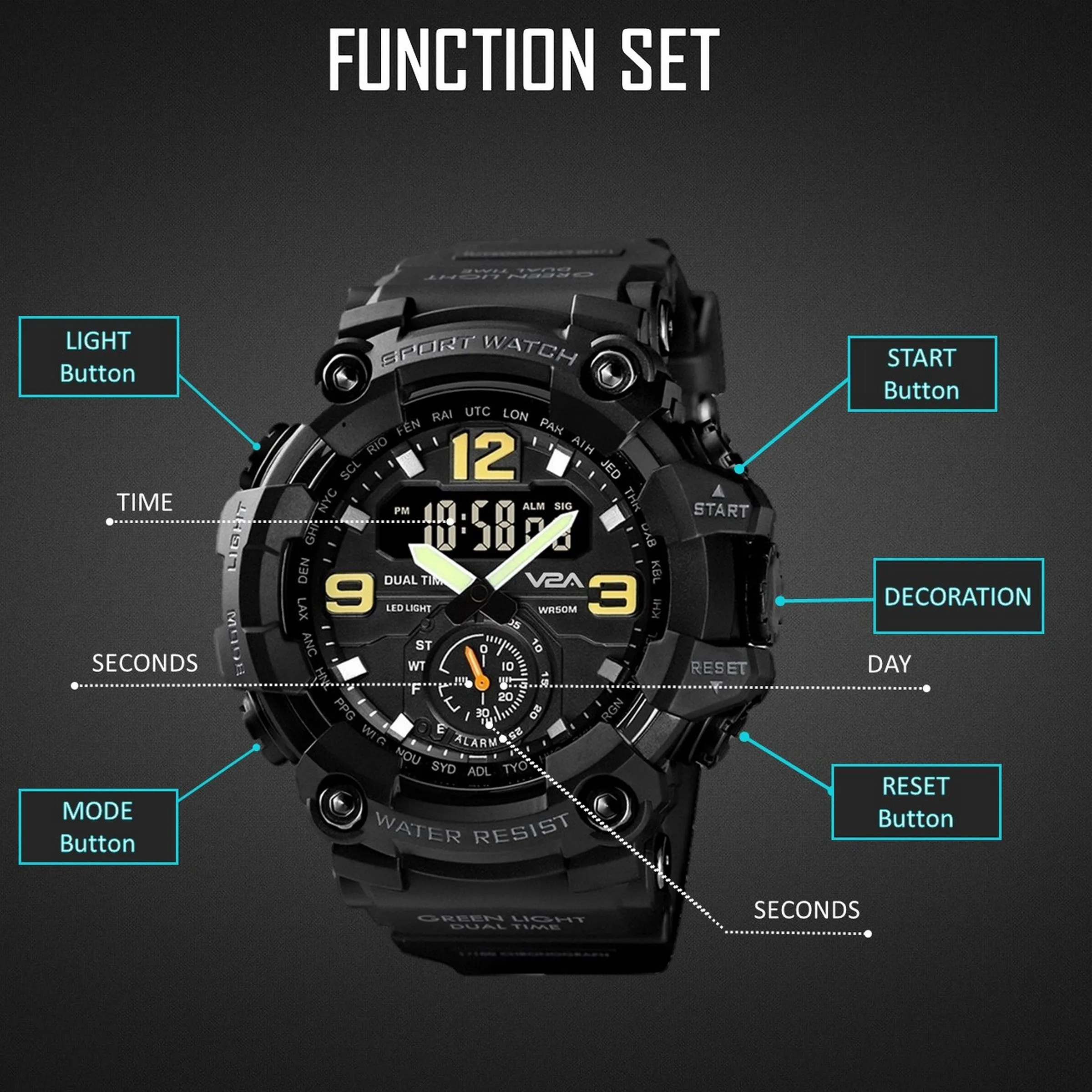 V2A Fighter Midnight Black Analog Digital Sport Watches for Men and Boys