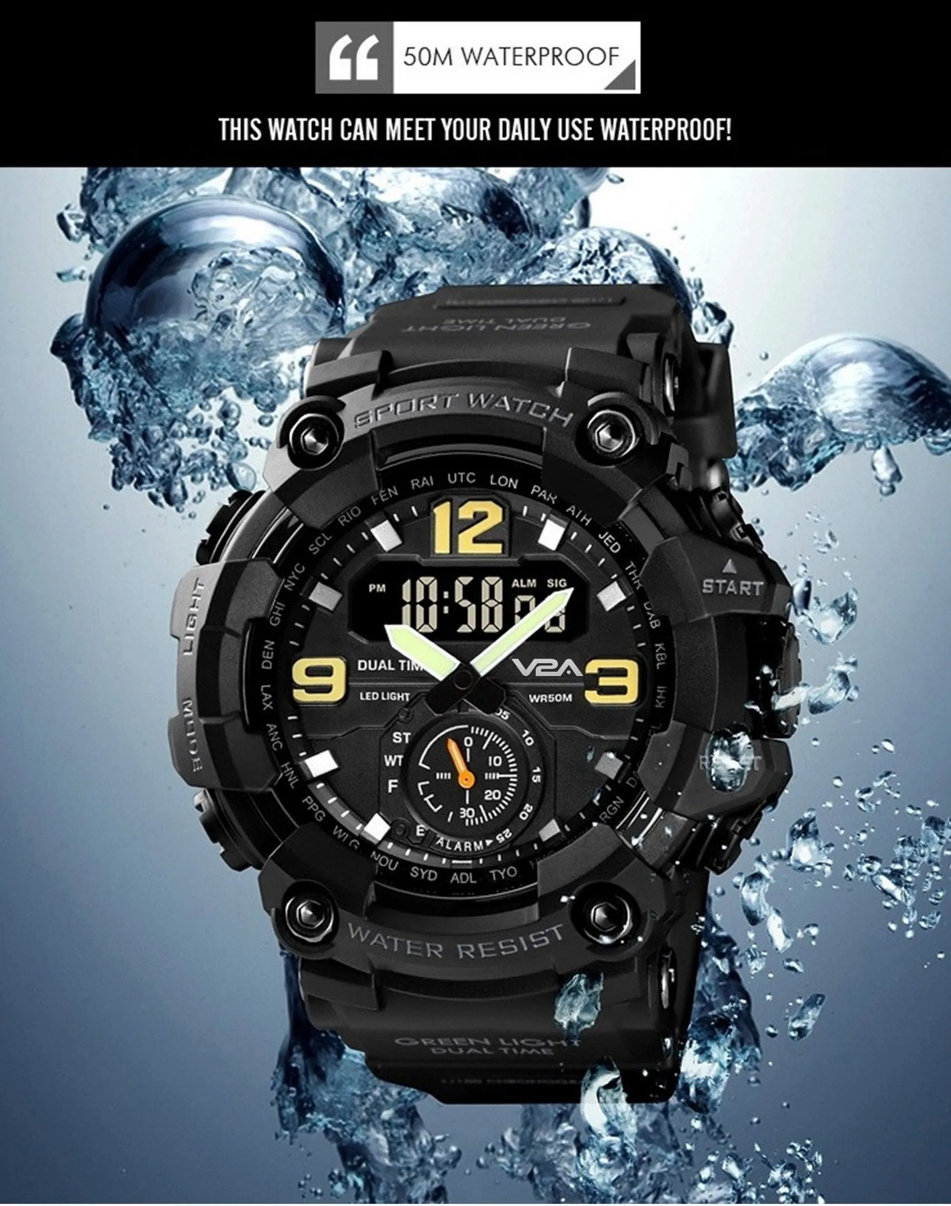 V2A Fighter Midnight Black Analog Digital Sport Watches for Men and Boys