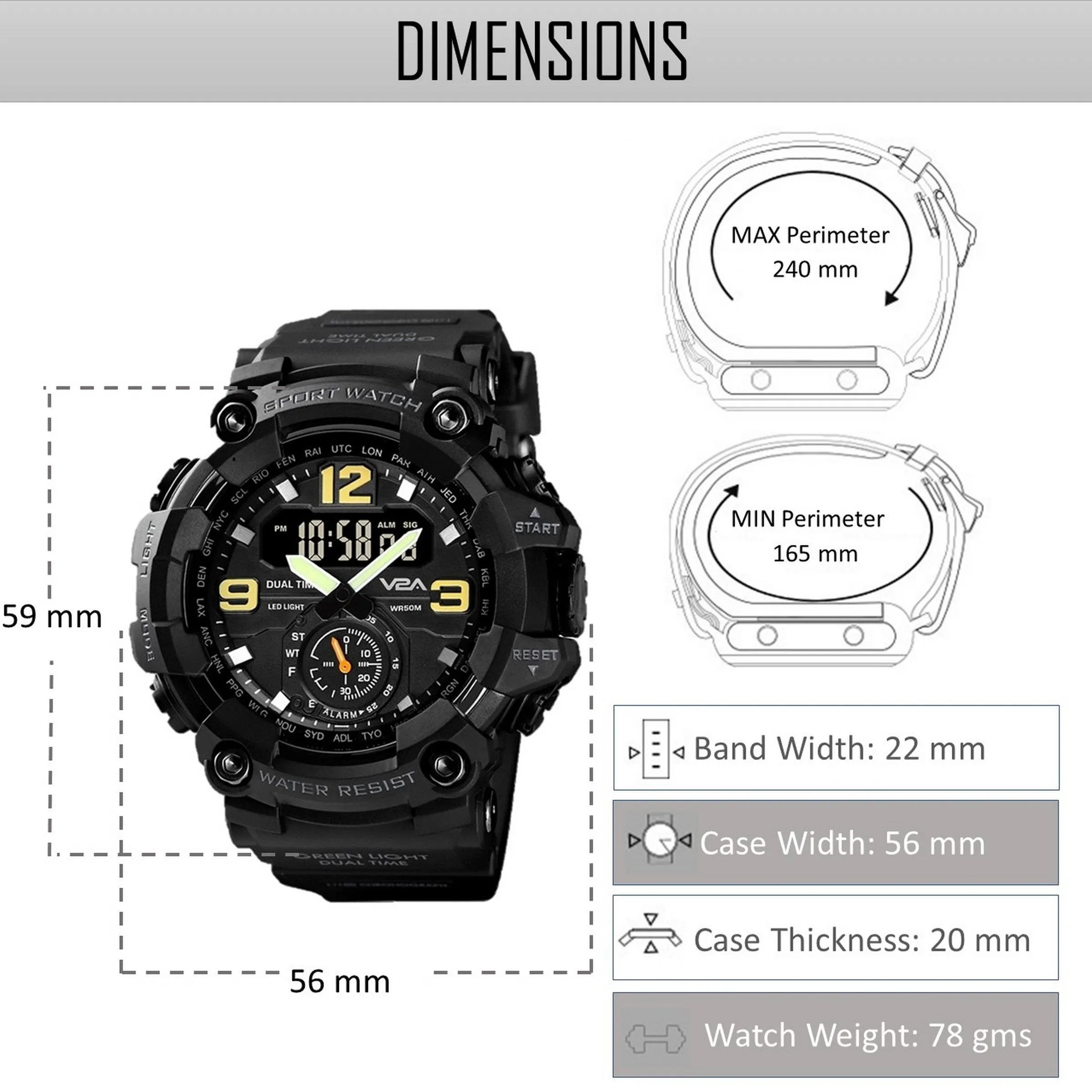 V2A Fighter Midnight Black Analog Digital Sport Watches for Men and Boys