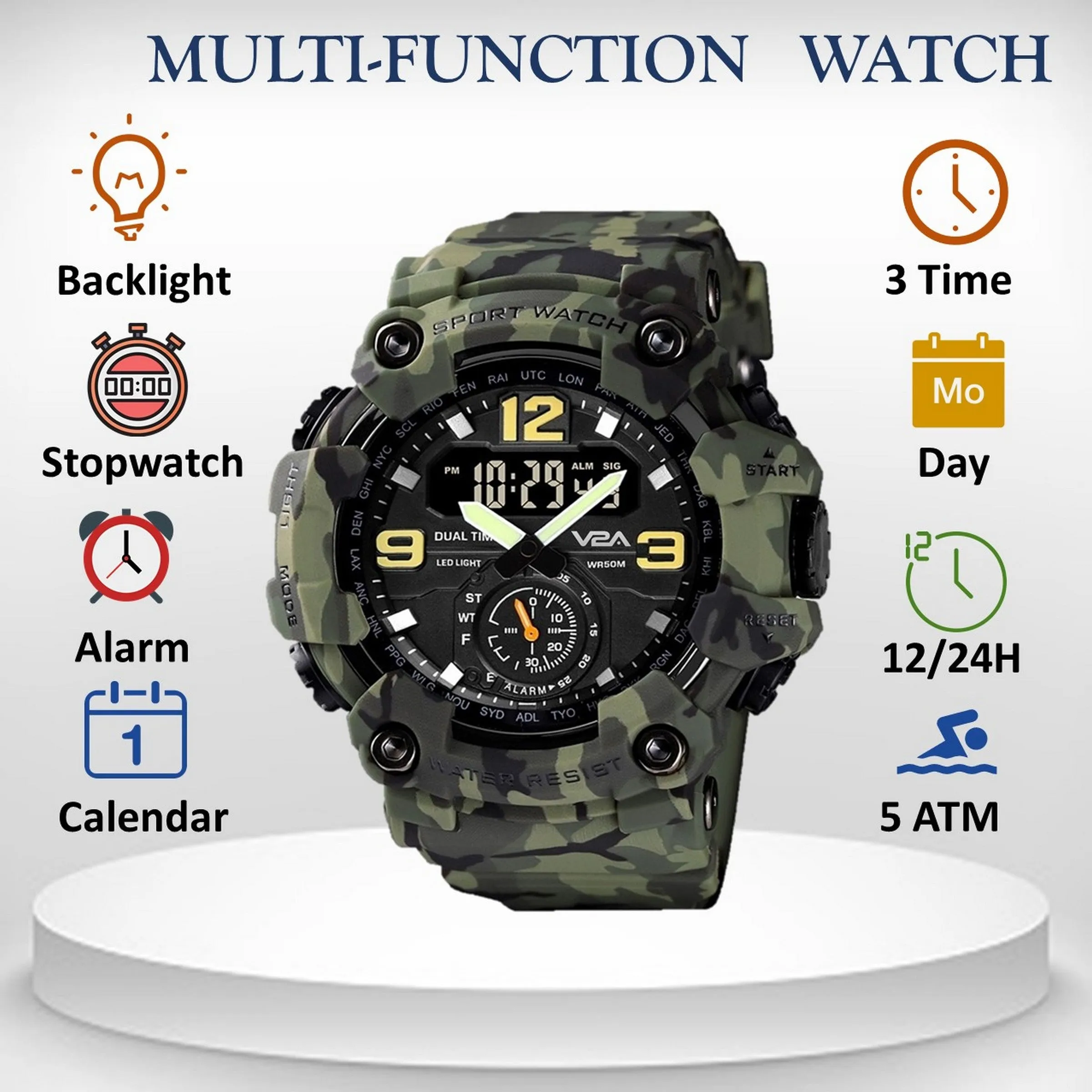 V2A Fighter Midnight Black Analog Digital Sport Watches for Men and Boys