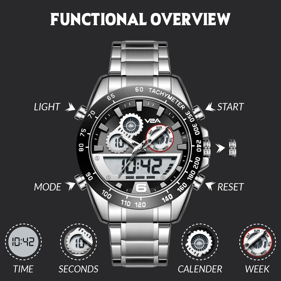 V2A Fusion Series Analog-Digital Men’s Watch with Stainless Steel Band & Alloy Steel Case – Multifunctional with Alarm, Stopwatch, EL Backlight Watch for Men | Gift for Men (Silver-Blue)