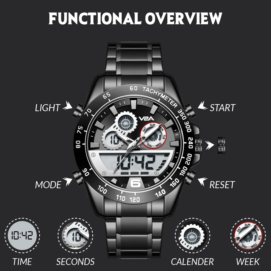 V2A Fusion Series Analog-Digital Men’s Watch with Stainless Steel Band & Alloy Steel Case – Multifunctional with Alarm, Stopwatch, EL Backlight Watch for Men | Gift for Men (Silver-Blue)